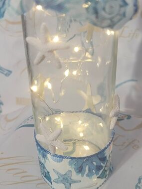 Coastal White Starfish Glass Vase with Blue Fabric Accent